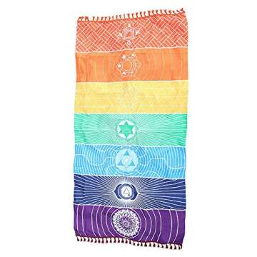 ErYao Rainbow Chakra Tapestry Towel Yoga Beach Mat, Meditation Yoga Rug Towels Mexico Chakra Tassel Striped Floor Mat (Multicolor)