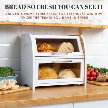 Arise Stylish Bamboo Bread Box for Kitchen Countertop, Extra Large 2-Shelf Wooden Bread Storage Cont...