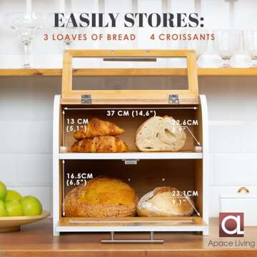 Arise Stylish Bamboo Bread Box for Kitchen Countertop, Extra Large 2-Shelf Wooden Bread Storage Container with Clear Windows and Air Vents Keep Bread, Bagels and Rolls Fresh, Self Assembly