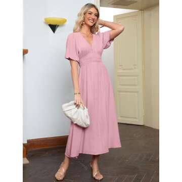 Simplee Women's Summer Boho Maxi Dress Casual V Neck Puff Sleeve Wedding Guest Dress Flowy Linen Bea...