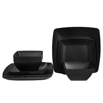 Melamine 12pcs Classic Square Dinnerware Set, Service for 4, Dishwasher Safe Black