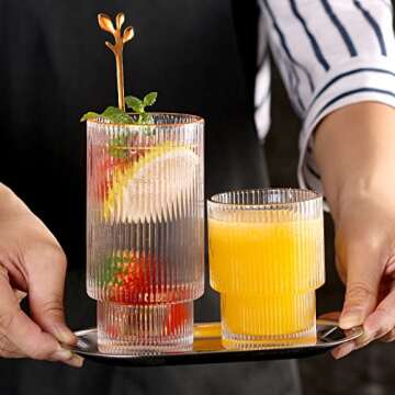 INNIOXV Stackable Drinking Glasses set of 8, Vintage Ripple Glass Cups, Origami Style Glass Cup, Ribbed Glasses Fluted Glassware, Iced Tea Glasses for Water,Juice, Cocktail or Coffee