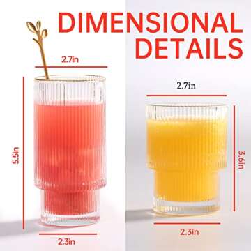 INNIOXV Stackable Drinking Glasses set of 8, Vintage Ripple Glass Cups, Origami Style Glass Cup, Ribbed Glasses Fluted Glassware, Iced Tea Glasses for Water,Juice, Cocktail or Coffee
