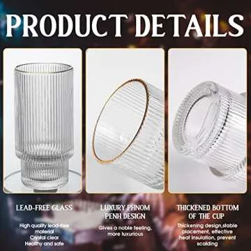 INNIOXV Stackable Drinking Glasses set of 8, Vintage Ripple Glass Cups, Origami Style Glass Cup, Ribbed Glasses Fluted Glassware, Iced Tea Glasses for Water,Juice, Cocktail or Coffee