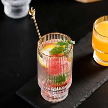 INNIOXV Stackable Drinking Glasses set of 8, Vintage Ripple Glass Cups, Origami Style Glass Cup, Ribbed Glasses Fluted Glassware, Iced Tea Glasses for Water,Juice, Cocktail or Coffee