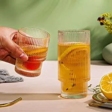 INNIOXV Stackable Drinking Glasses set of 8, Vintage Ripple Glass Cups, Origami Style Glass Cup, Ribbed Glasses Fluted Glassware, Iced Tea Glasses for Water,Juice, Cocktail or Coffee