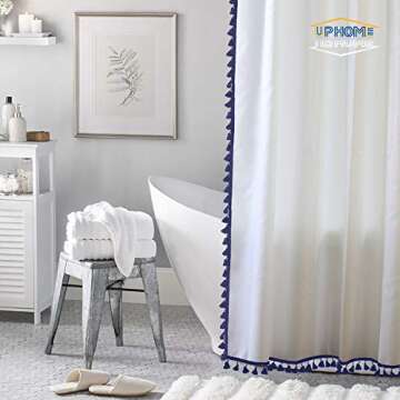 Uphome Tassel White Fabric Shower Curtain with Blue Fringe Trims, Vintage Boho Chic Cloth Shower Curtains for Bathroom Showers, 72 x 72