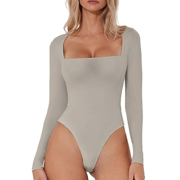 QINSEN Women's Sexy Square Neck Bodysuit - Comfortable and Chic Outfit Essential