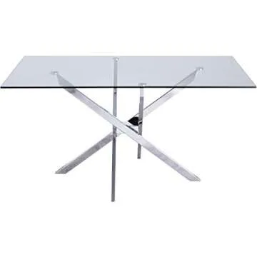 Meridian Furniture Xander Collection Modern | Contemporary Tempered Glass Top Dining Table with Durable Metal Base, 60" W x 36" D x 30" H, Silver Finish