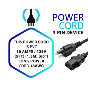 5ft 10A AC Power Cord - 3 Prong Black Cable