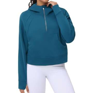 THE GYM PEOPLE Women’s Hoodies Half Zip Long Sleeve Fleece Crop Pullover Sweatshirts with Pockets Thumb Hole Dark Blue Green