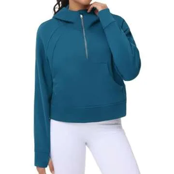 THE GYM PEOPLE Women’s Hoodies Half Zip Long Sleeve Fleece Crop Pullover Sweatshirts with Pockets Thumb Hole Dark Blue Green