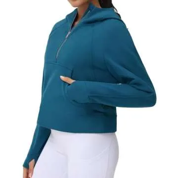 THE GYM PEOPLE Women’s Hoodies Half Zip Long Sleeve Fleece Crop Pullover Sweatshirts with Pockets Thumb Hole Dark Blue Green