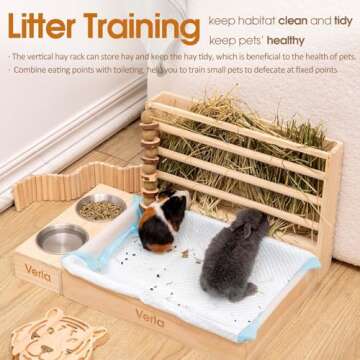 Rabbit Hay Feeder with Litter Box and Bowls, 3 in 1 Wooden Feeder Toilet Combo Feeding Manger for Small Pets Guinea Pig Bunny Hamster, Hay Rack Litter Pan Bowls Stand Plastic Box 2 Bowls, Kiln-dried