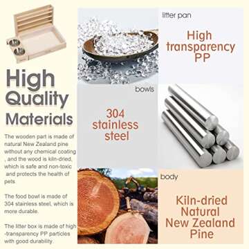 Rabbit Hay Feeder with Litter Box and Bowls, 3 in 1 Wooden Feeder Toilet Combo Feeding Manger for Small Pets Guinea Pig Bunny Hamster, Hay Rack Litter Pan Bowls Stand Plastic Box 2 Bowls, Kiln-dried