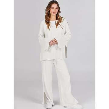 ANRABESS Womens 2 Piece Outfits Oversized Knit Sweater Set Wide Leg Pant Cozy Lounge Matching Pajama...