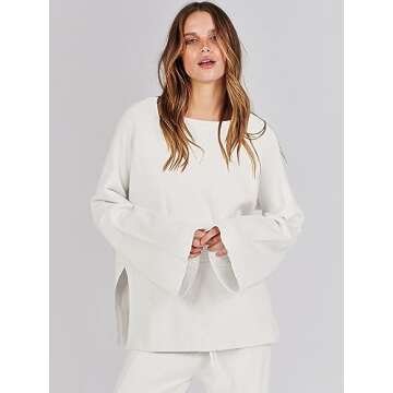 ANRABESS Womens 2 Piece Outfits Oversized Knit Sweater Set Wide Leg Pant Cozy Lounge Matching Pajama Sets 2024 Trendy Clothes White Small