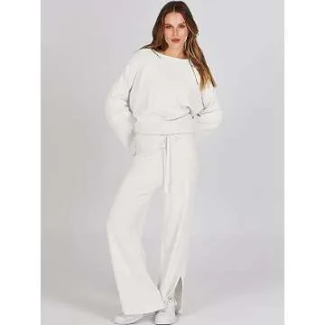 ANRABESS Womens 2 Piece Outfits Oversized Knit Sweater Set Wide Leg Pant Cozy Lounge Matching Pajama Sets 2024 Trendy Clothes White Small