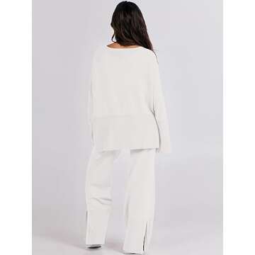 ANRABESS Womens 2 Piece Outfits Oversized Knit Sweater Set Wide Leg Pant Cozy Lounge Matching Pajama Sets 2024 Trendy Clothes White Small