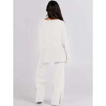 ANRABESS Womens 2 Piece Outfits Oversized Knit Sweater Set Wide Leg Pant Cozy Lounge Matching Pajama Sets 2024 Trendy Clothes White Small