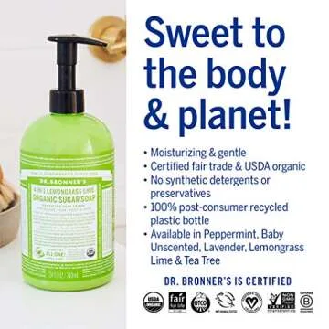 Dr. Bronner's - Organic Sugar Soap (Lemongrass, 24 Ounce) - Made with Organic Oils, Sugar and Shikakai Powder, 4-in-1 Uses: Hands, Body, Face and Hair, Cleanses, Moisturizes and Nourishes, Vegan