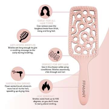 FRAMAR Professional Vented Hair Brush – Paddle Curved Hair Brush For Blow Drying, Wet Paddle Brush...