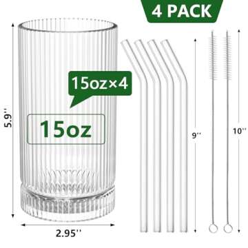 15 Oz Glass Cups with Straws, Vintage Ribbed Glassware for Whiskey Cocktail Beer, Iced Coffee Cups a...