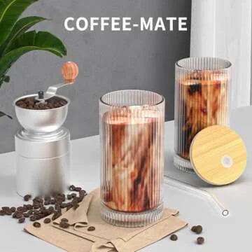 15 Oz Glass Cups with Straws, Vintage Ribbed Glassware for Whiskey Cocktail Beer, Iced Coffee Cups and Drinking Glassare (4 PACK)
