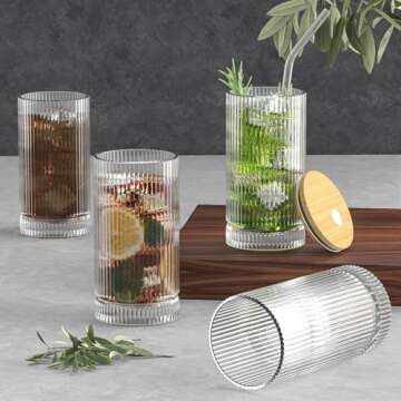 15 Oz Glass Cups with Straws, Vintage Ribbed Glassware for Whiskey Cocktail Beer, Iced Coffee Cups and Drinking Glassare (4 PACK)