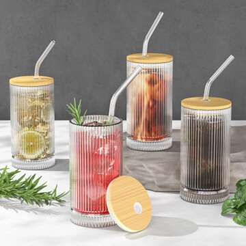 15 Oz Glass Cups with Straws, Vintage Ribbed Glassware for Whiskey Cocktail Beer, Iced Coffee Cups and Drinking Glassare (4 PACK)