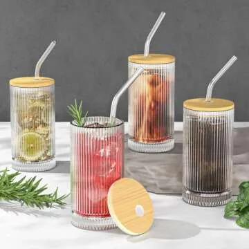 15 Oz Glass Cups with Straws, Vintage Ribbed Glassware for Whiskey Cocktail Beer, Iced Coffee Cups and Drinking Glassare (4 PACK)