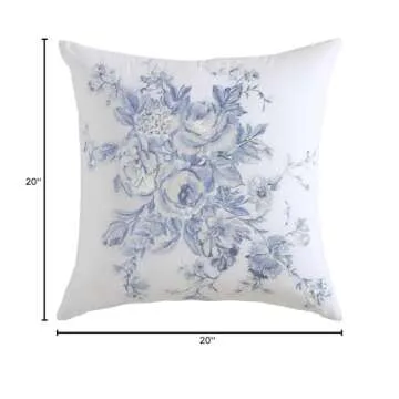 Shabby Chic® - Throw Pillow, Embroidered Cotton Bedding with Hidden Zipper, Floral Home Decor (Molly Blue, 20" x 20")