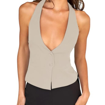 Fanway&EC Women's Casual V Neck Button Front Crop Vest Sleeveless Sexy Halter Backless Waistcoat Jac...