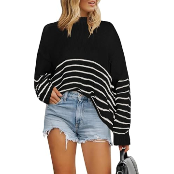 KIRUNDO Womens Sweaters Casual Oversized Striped Chunky Sweater Ribbed Long Sleeve Rolled Hem Fall W...
