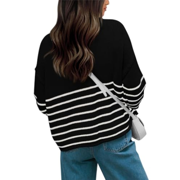 KIRUNDO Womens Sweaters Casual Oversized Striped Chunky Sweater Ribbed Long Sleeve Rolled Hem Fall Winter Knit Pullover(Beige White, X-Large)