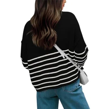 KIRUNDO Womens Sweaters Casual Oversized Striped Chunky Sweater Ribbed Long Sleeve Rolled Hem Fall Winter Knit Pullover(Beige White, X-Large)