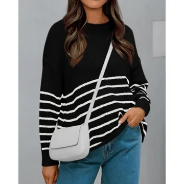 KIRUNDO Womens Sweaters Casual Oversized Striped Chunky Sweater Ribbed Long Sleeve Rolled Hem Fall Winter Knit Pullover(Beige White, X-Large)