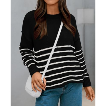 KIRUNDO Womens Sweaters Casual Oversized Striped Chunky Sweater Ribbed Long Sleeve Rolled Hem Fall Winter Knit Pullover(Beige White, X-Large)