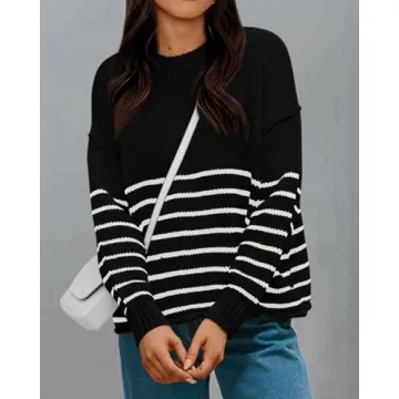 KIRUNDO Womens Sweaters Casual Oversized Striped Chunky Sweater Ribbed Long Sleeve Rolled Hem Fall Winter Knit Pullover(Beige White, X-Large)