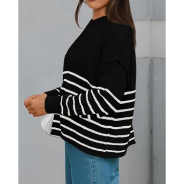 KIRUNDO Womens Sweaters Casual Oversized Striped Chunky Sweater Ribbed Long Sleeve Rolled Hem Fall Winter Knit Pullover(Beige White, X-Large)