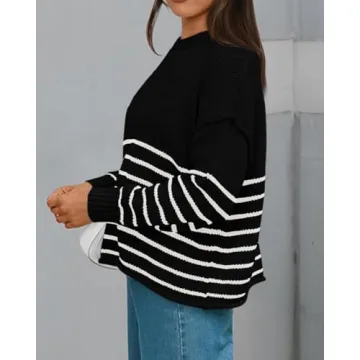 KIRUNDO Womens Sweaters Casual Oversized Striped Chunky Sweater Ribbed Long Sleeve Rolled Hem Fall Winter Knit Pullover(Beige White, X-Large)