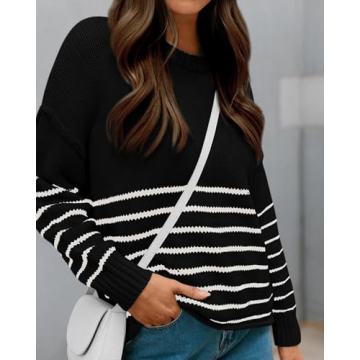 KIRUNDO Womens Sweaters Casual Oversized Striped Chunky Sweater Ribbed Long Sleeve Rolled Hem Fall Winter Knit Pullover(Beige White, X-Large)