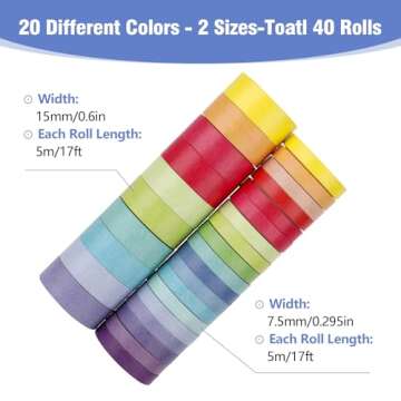 Fyguard 40 Rolls Washi Tape Set, 16Ft Rainbow Washi Tape 7.5mm 15mm Wide Decorative Tape Scrapbook Washi Tape, Low Tack Colored Washi Tape for Bullet Journaling Scrapbooking Supplies