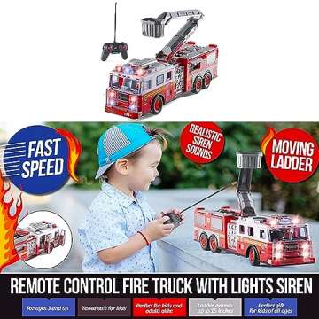 Prextex RC Fire Engine Truck Remote Control 14-Inch Rescue Fire Truck with 12-Inch Ladder and Lights and Sirens Best Gift Toy for Boys Girls