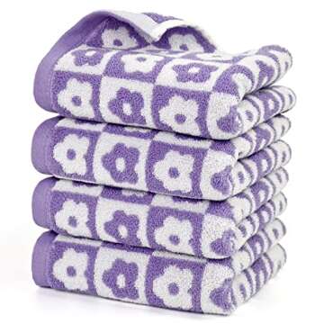 Jacquotha Cotton Face Towels Set of 4, Checkered Floral Hand Towels Lilac