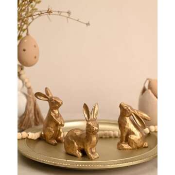 WONDROUS' DECO Resin Dark Gold Easter Bunny Figurines, Small Decorative Easter Bunny Statue Set of 3, Vintage Easter Rabbit Table Home Decoration, Gift