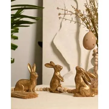 WONDROUS' DECO Resin Dark Gold Easter Bunny Figurines, Small Decorative Easter Bunny Statue Set of 3, Vintage Easter Rabbit Table Home Decoration, Gift