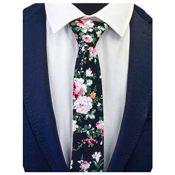 GUSLESON Mens Black Skinny Ties for Groomsmen Wedding Floral Cotton Tie Slim Necktie (0943-06)