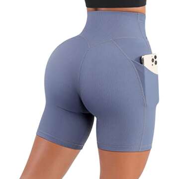 SUUKSESS Women Cross Waist Workout Shorts with Pockets Ribbed High Waisted Booty Biker Shorts (#1 Blue, L)