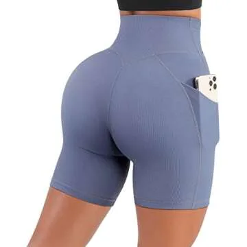SUUKSESS Women Cross Waist Workout Shorts with Pockets Ribbed High Waisted Booty Biker Shorts (#1 Blue, L)